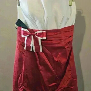 Elegant Strapless Red Dress with White Bodice and Bow Detail